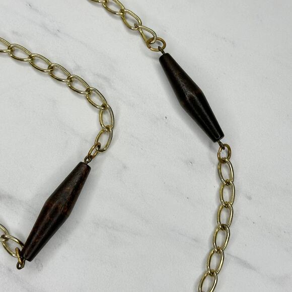 Wood Beaded Gold Tone Metal Chain Link Belt One Size (OS) ✨ - Picture 6 of 12